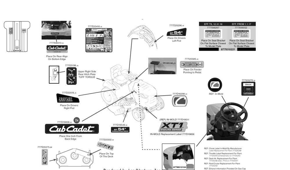Label Map Diagram and Parts List for XT1-GT54KH (14AQA5CA009)(2017) Cub Cadet Lawn Tractor